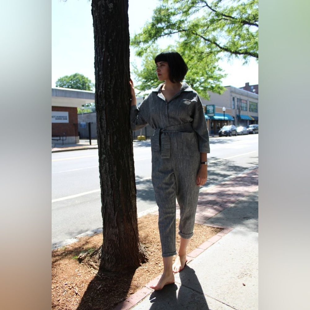 Hackwith Design House NEW Button Front 3/4 Sleeve Jumpsuit Gray Small Oversized